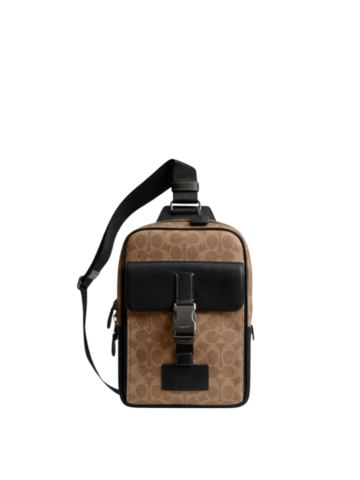 Coach Track Pack Crossbody Bag Signature Canvas In Tan Black CX880