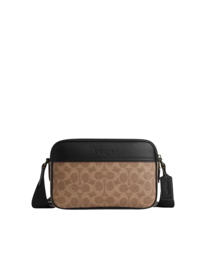 COACH Men Graham Crossbody Bag In Signature Canvas in Tan/Black CV921