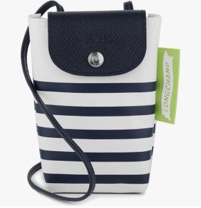 Longchamp Le Pliage striped nylon phone crossbody bag navy and white.