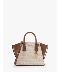 [Pre Order] AVRIL Leather Top-Zip Satchel Small White - MK Signature